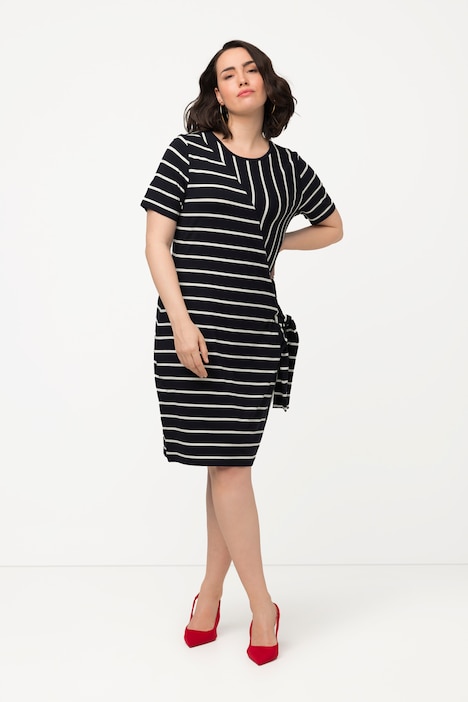 Midikleid, Streifenmix, drapiert, Rundhals, Halbarm