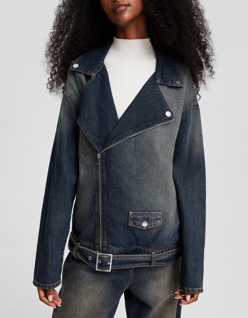 Jaqueta de motociclista oversized em denim com efeito desbotado