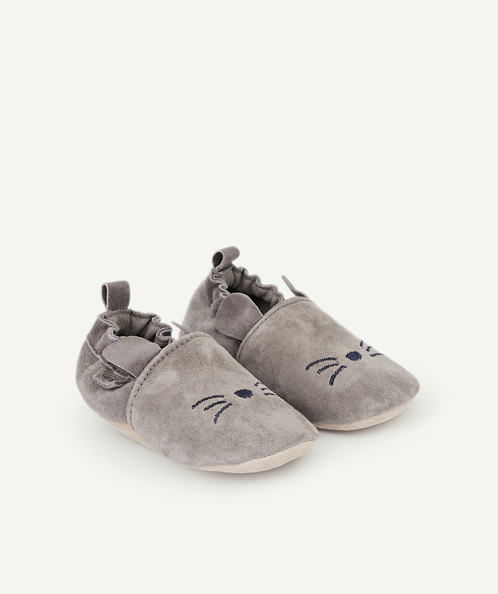 CHAUSSONS EN CUIR BÉBÉ GARÇON GRIS AVEC MOTIF CHAT