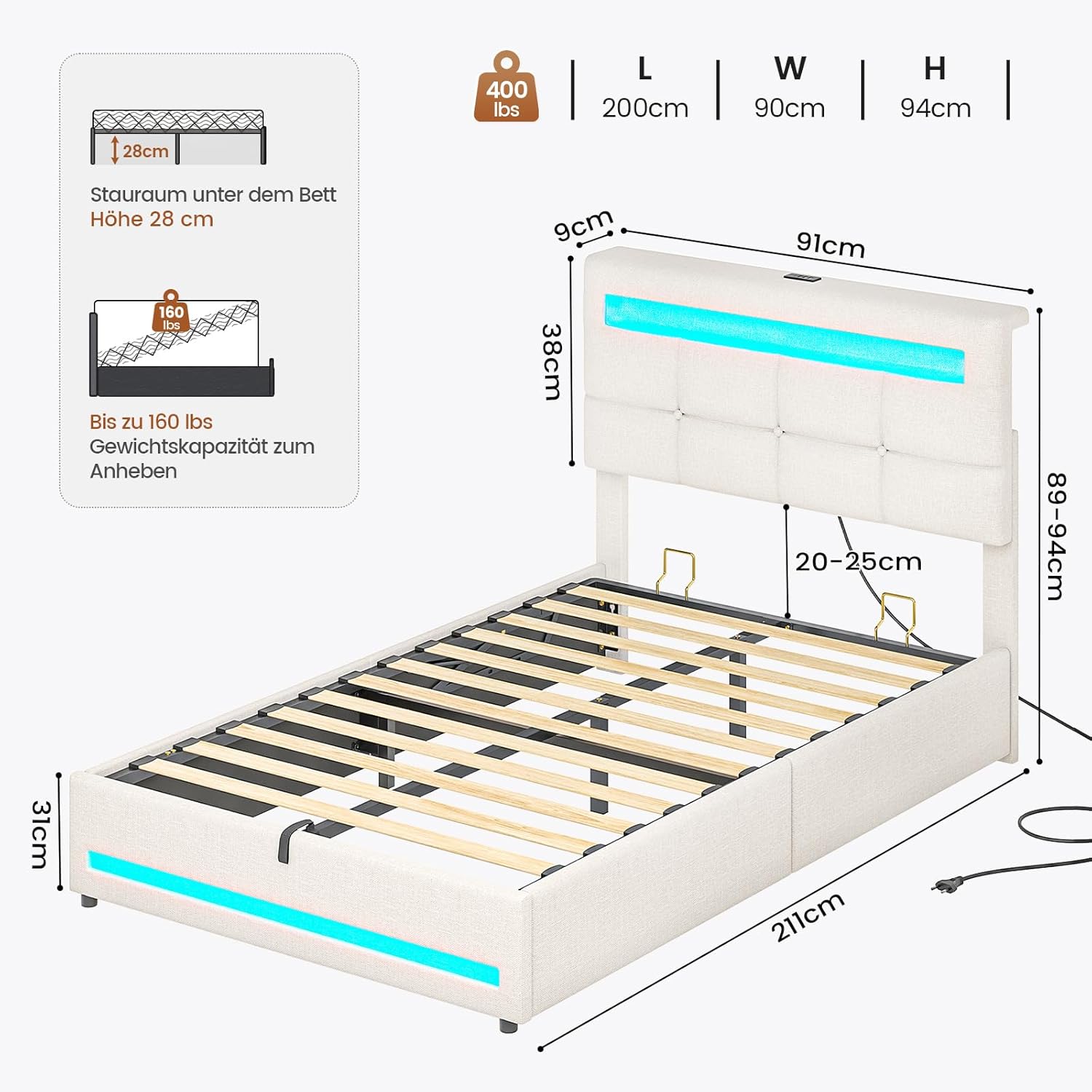 AOGLLATI Hydraulisch Stauraumbett 90×200cm, Polsterbett Doppelbett mit LED und USB-Ladefunktion, Funktionsbett Jugendbett mit Stauraum und Lattenrost, Linen,Ohne Matratze, Beige