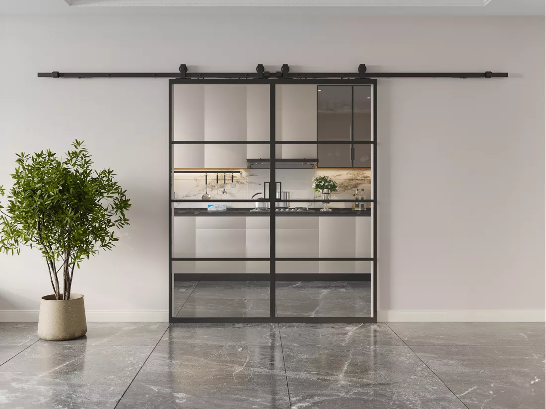 Porte coulissante double avec système en applique - aluminium et verre trempé transparent - 2 x H205 x L73 cm - SINCA II