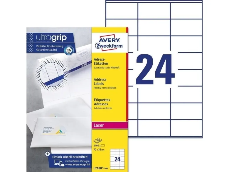 Etiketter Avery 70x36 mm hvid med Ultragrip - (100 ark x 24 stk.)