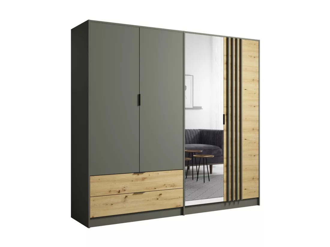 Chambre compléte design IZO : Armoire, lit 180x200, commode, chevets, chêne/gris anthracite