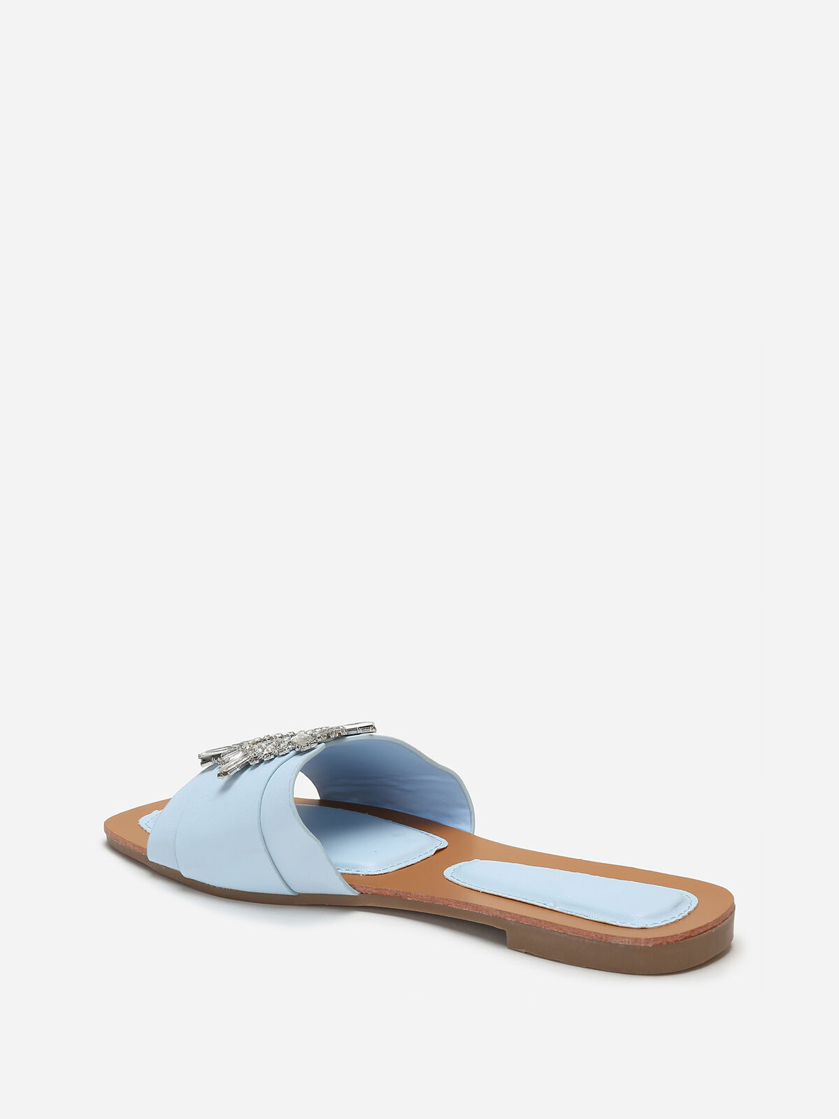 Mules carrées à bride avec bijou en strass- Bleu