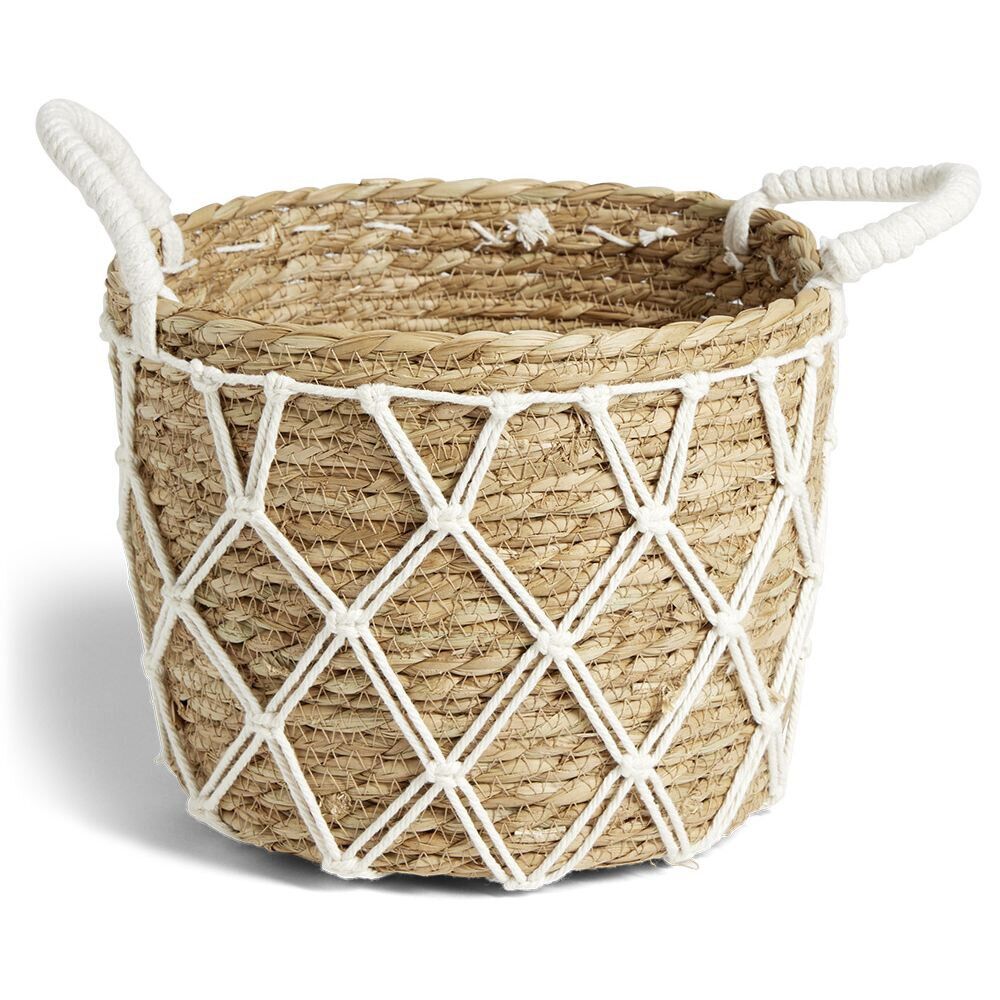 Panière en jacinthe tressée et fil coton blanc Ø25xH20cm