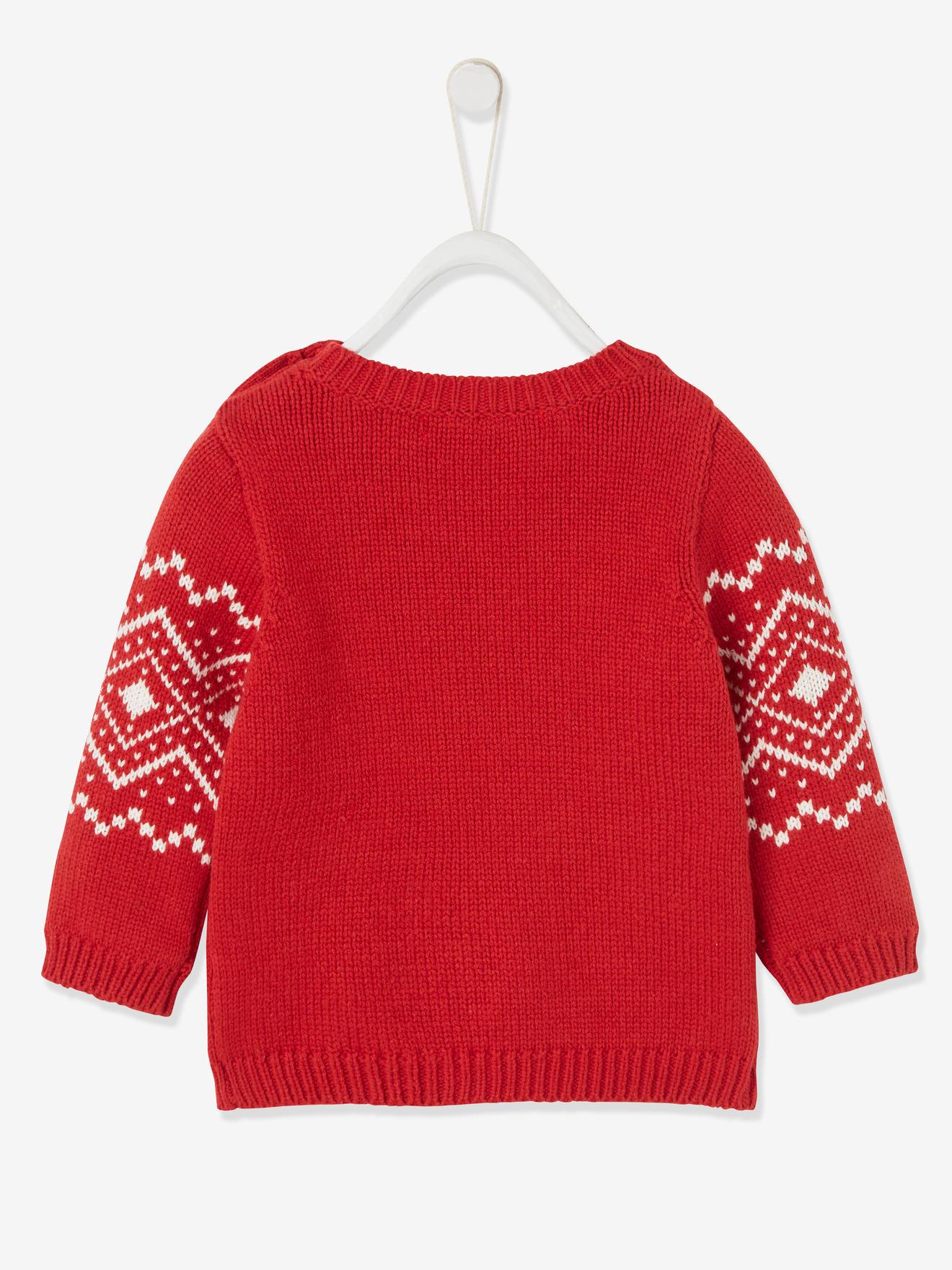 Suéter natalino unissex para bebê com estampa de renas, liso, vermelho escuro com motivos.