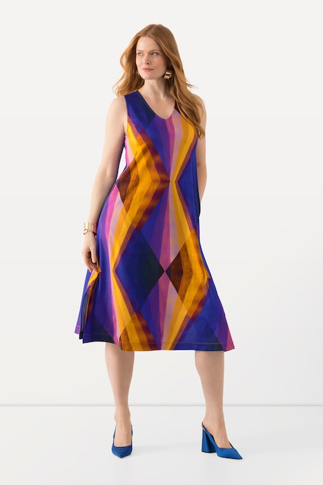 Slinky-Midikleid, geometrisch, V-Ausschnitt, ärmellos