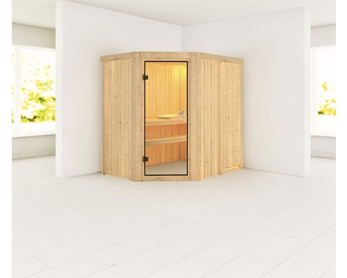 Plug & Play Sauna Karibu Laja zonder kachel en dakrand met gebronsde volledig glazen deur