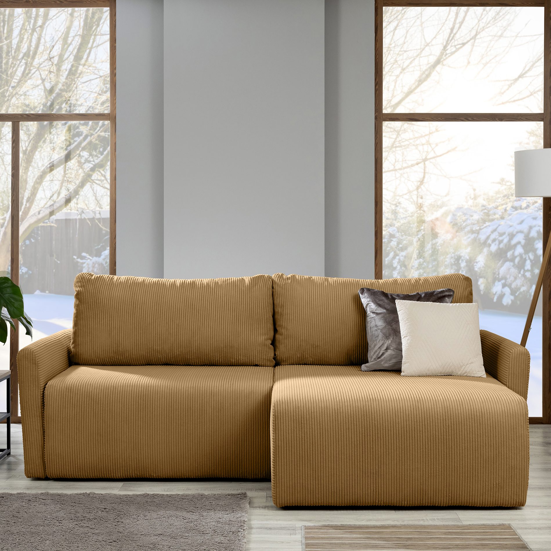 Ecksofa - gold - Liegefunktion und Bettkasten