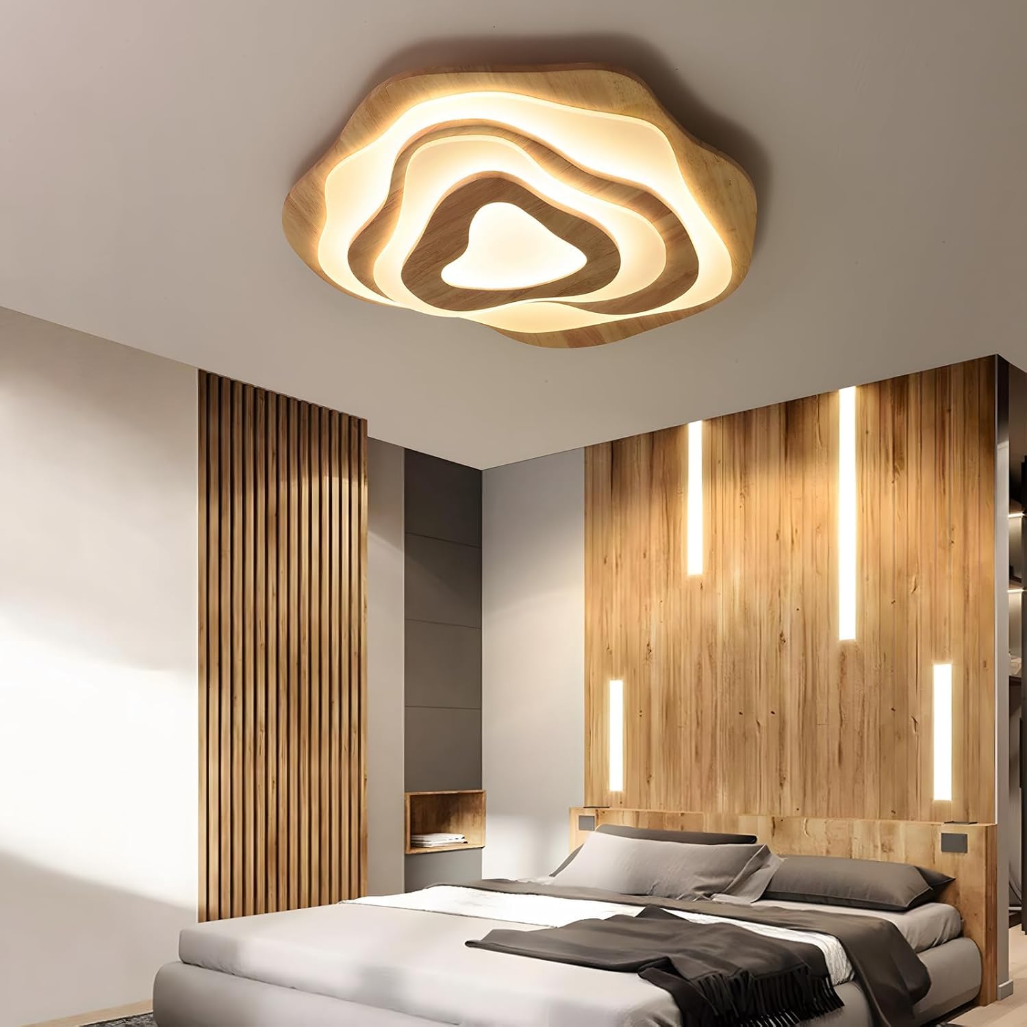 LED-Deckenleuchte Aus Holz | Ø57cm 50W 4300lm | 3000K-6000K Dimmbar Mit Fernbedienung, Moderne Wolkenlampe Aus Natürlichem Holz + Acryl, Wohnzimmer, Kinderzimmer, Küche, Esszimmer, Heimbüro