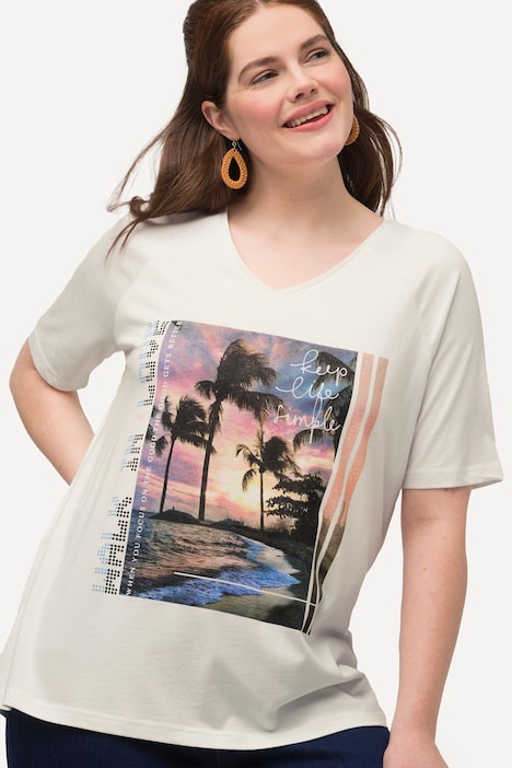T-Shirt, Palmen-Fotomotiv, V-Ausschnitt, Halbarm