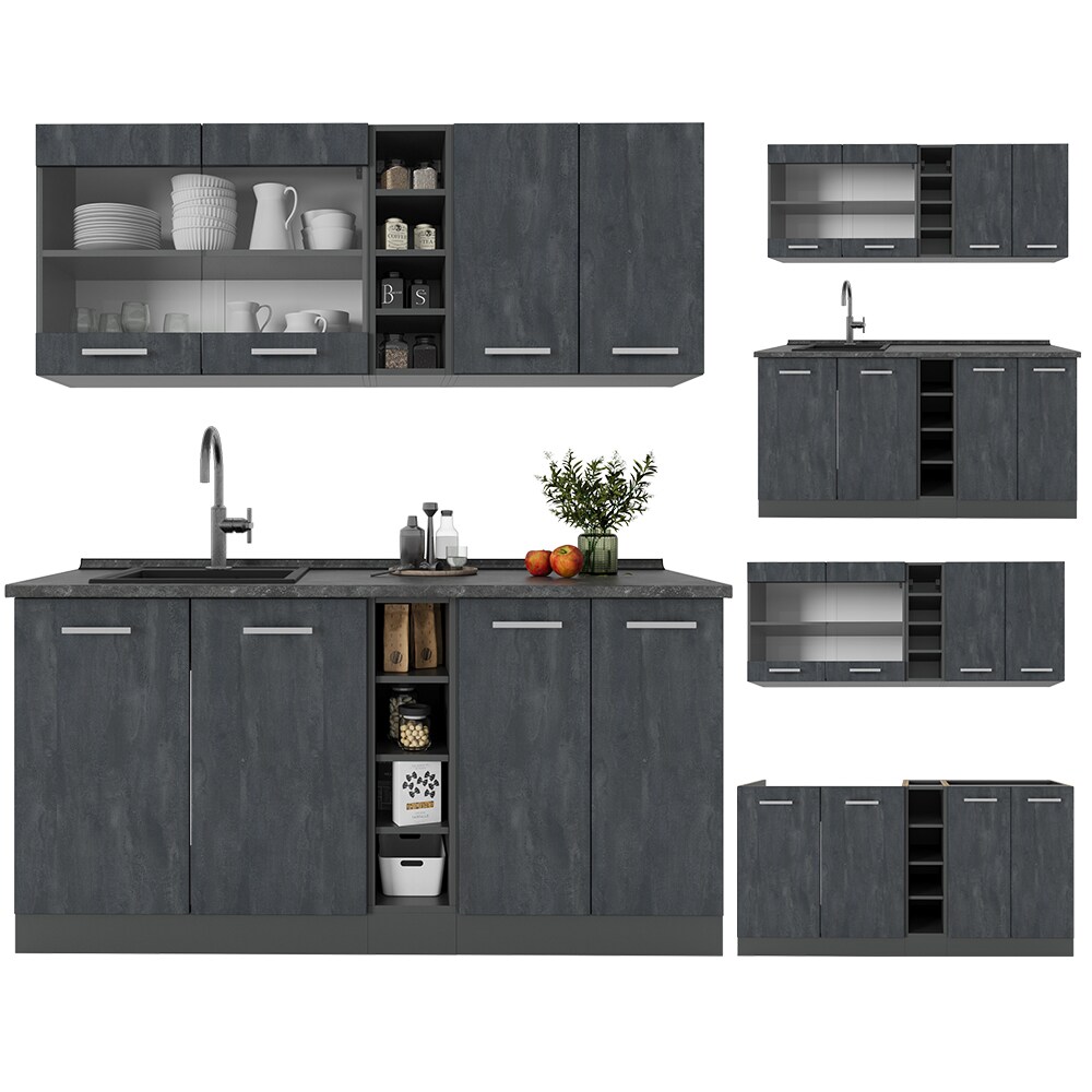 Vicco Singleküche R-Line 160 cm Schwarz Beton Anthrazit ohne Arbeitsplatte