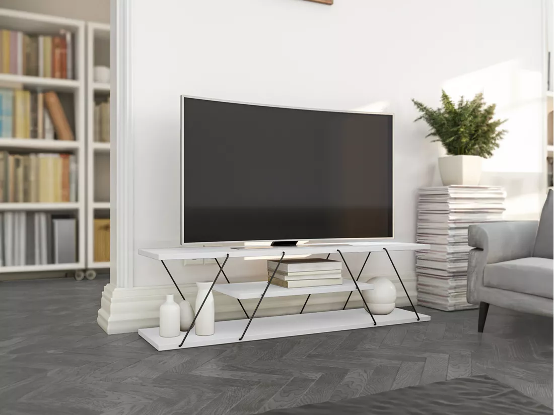 Meuble TV avec 1 étagère - Blanc et noir - DELORY