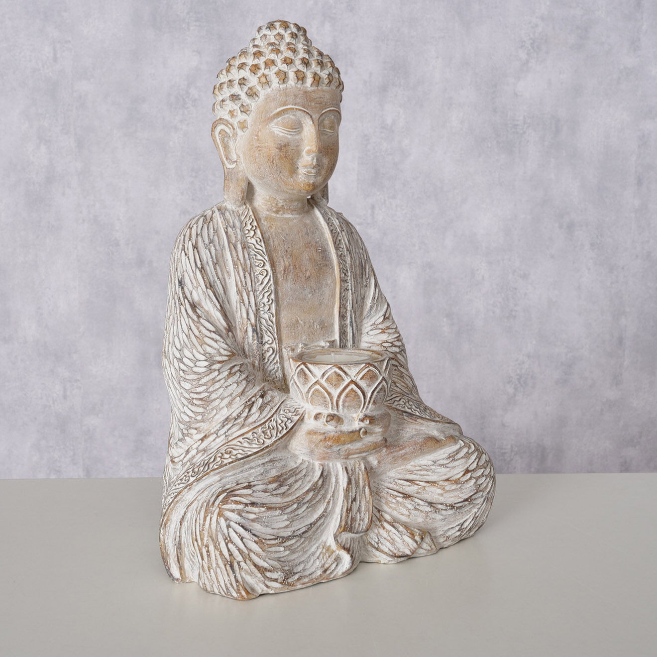 Boltze Figurine Buddha Nehmet avec bougeoir beige - 20x14x30 cm