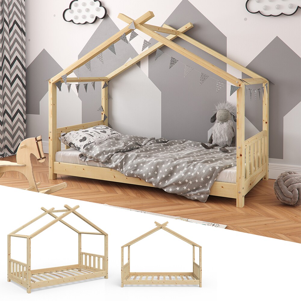 VITALISPA Kinderbett Hausbett DESIGN 80x160cm Natur Zaun Kinder Holz Haus Hausbett
