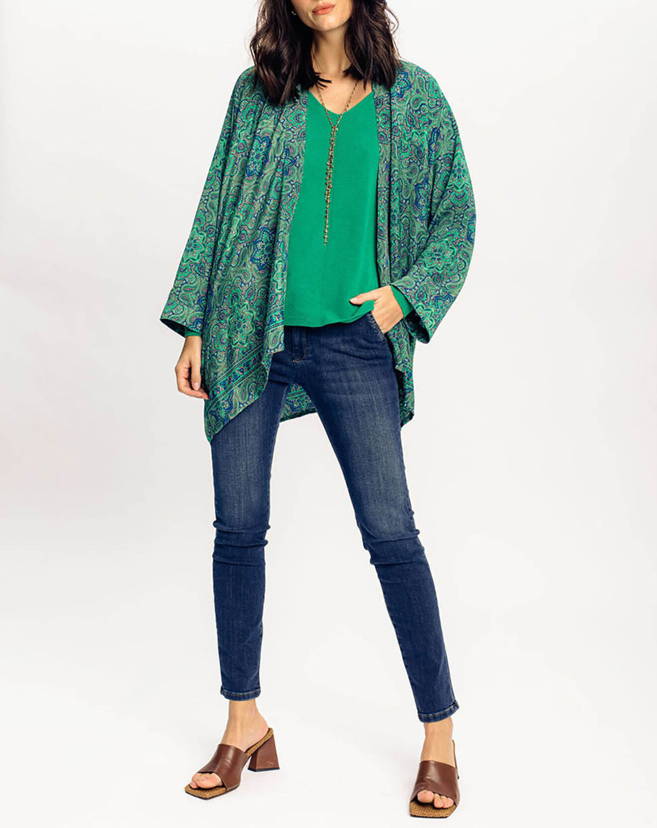 Lauren Vidal Kimono en Soie mélangée Sasha imprimé vert/bleu