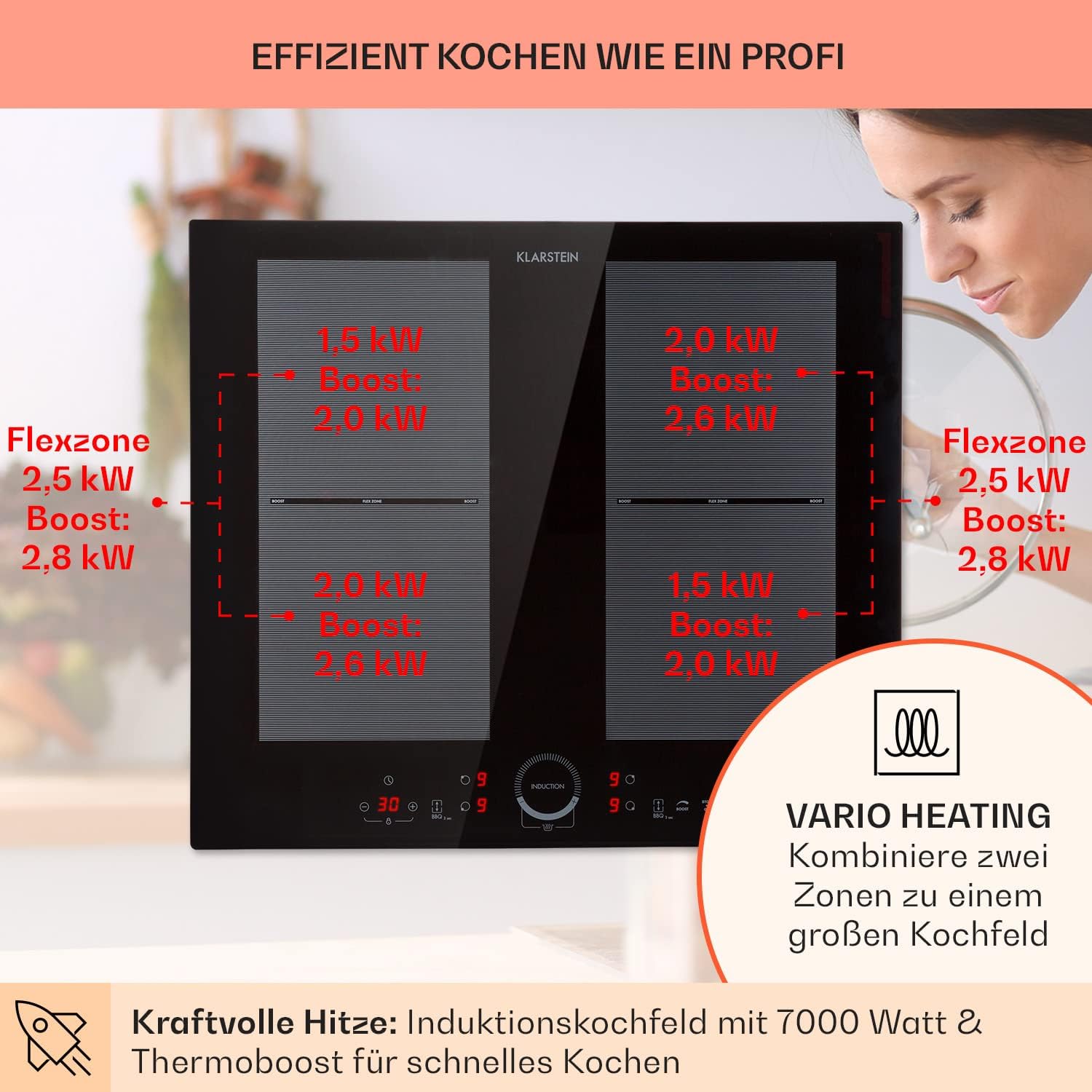 Klarstein Induktionskochfeld, Glaskeramik Kochfeld, mit 4 Platten, Einbau mit Touch-Display, Digitalanzeige und Timer-Funktion, Schnelles Aufheizen, 7000 Watt