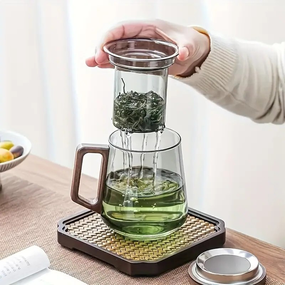 (500ml) Glas Tee Tasse Infuser Cup mit Holz Deckel   Filter Sieb für Losen Tee - Transparent / Braun