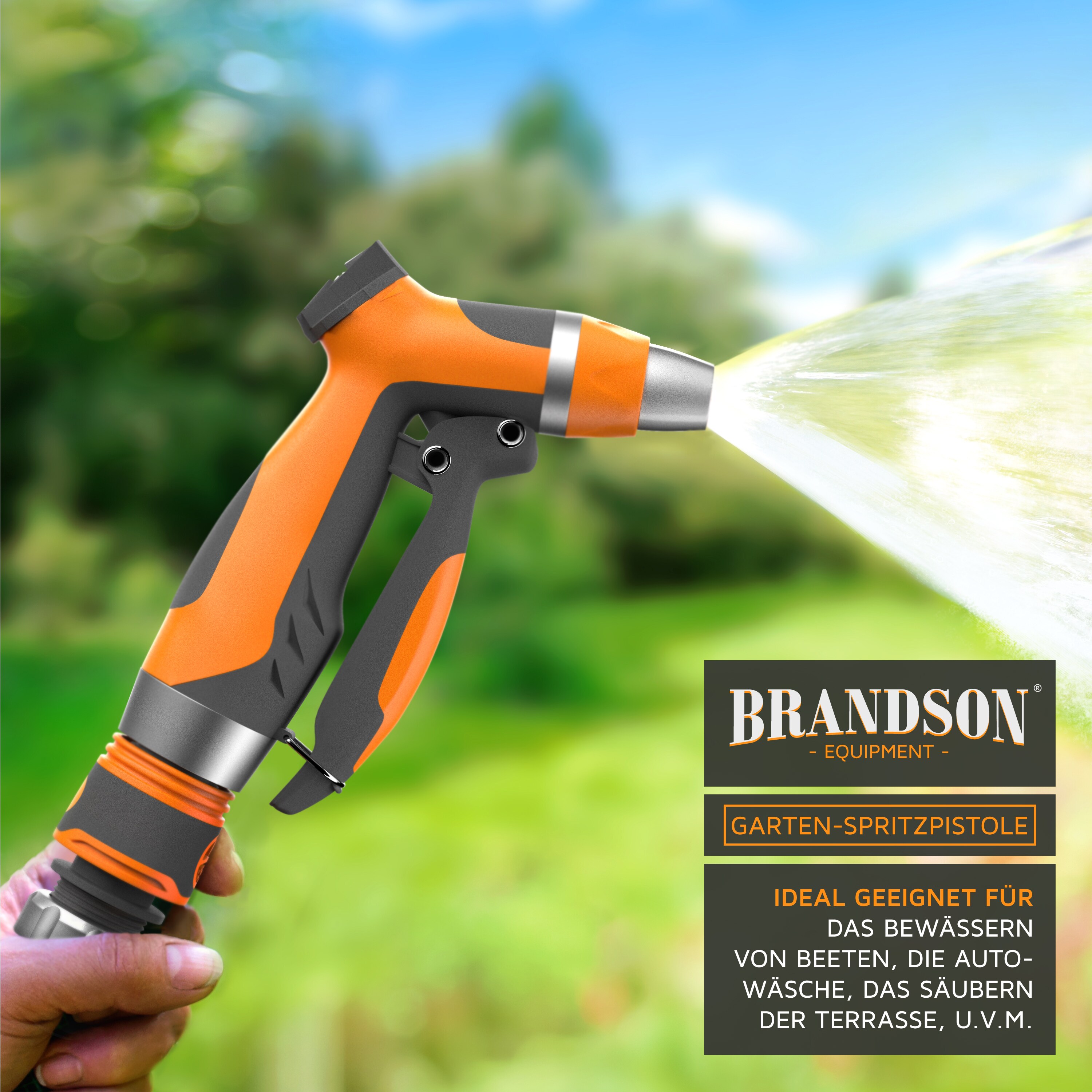 CSL Garten Handbrause - Gartenbrause für Gartenschlauch - Spritzpistole Pistolengriff mit Halteclip - 1-8 bar Wasserdruck - regelbar
