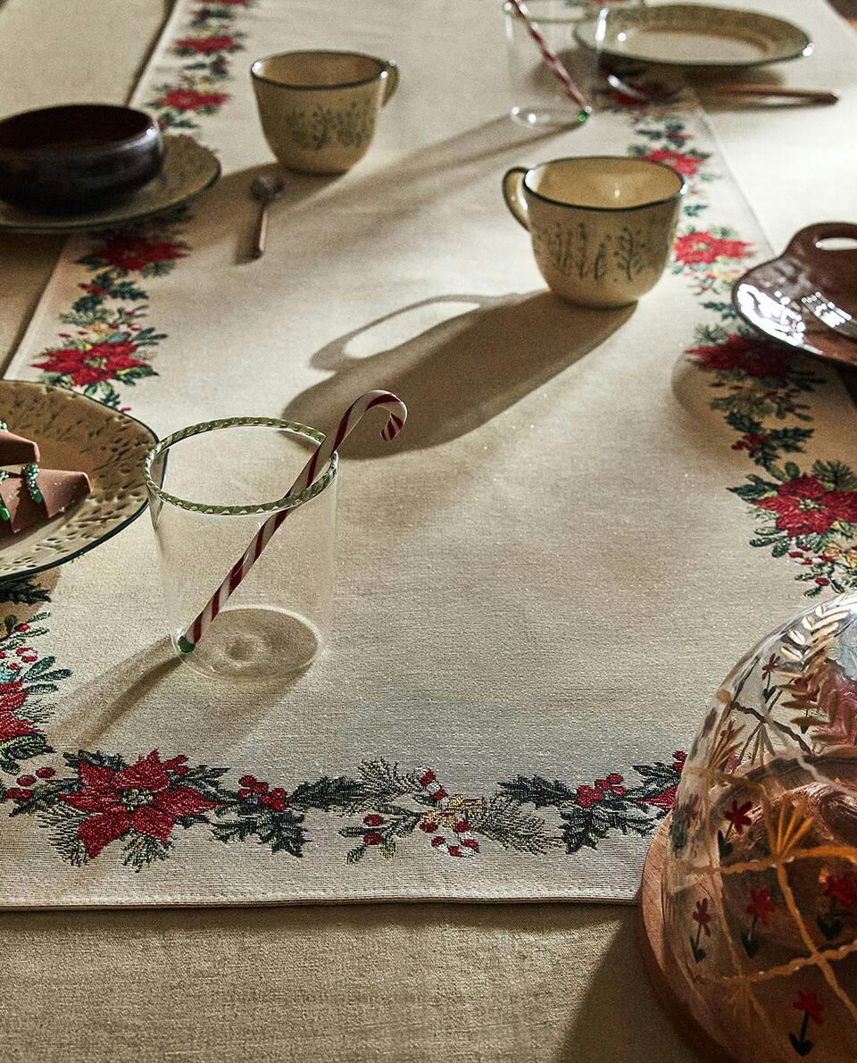 Caminho de mesa de algodão jacquard com estampa de poinsétia de Natal