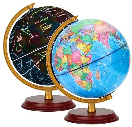 EXERZ - Wereldbol - 20 cm - Politieke Kaart - Houten Sokkel - Lichtgevend - Sterrenbeelden