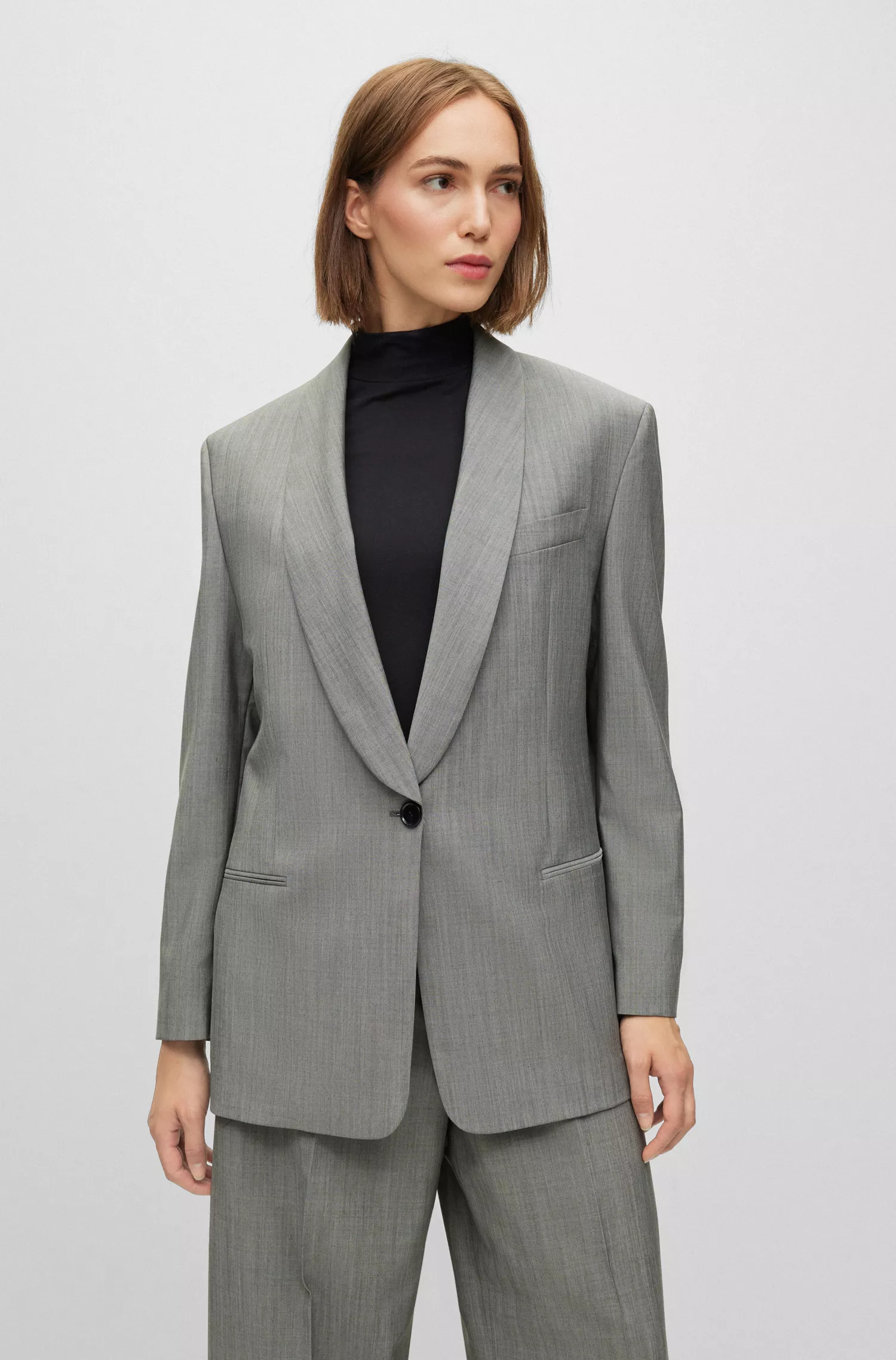 Jaqueta BOSS preta de modelagem oversized em mistura de lã tropical.