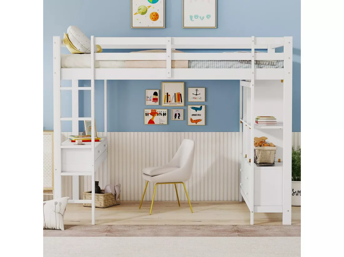 Lit mezzanine 140x200cm en pin massif avec bureau + tiroirs + étagères + sommier à lattes - Blanc