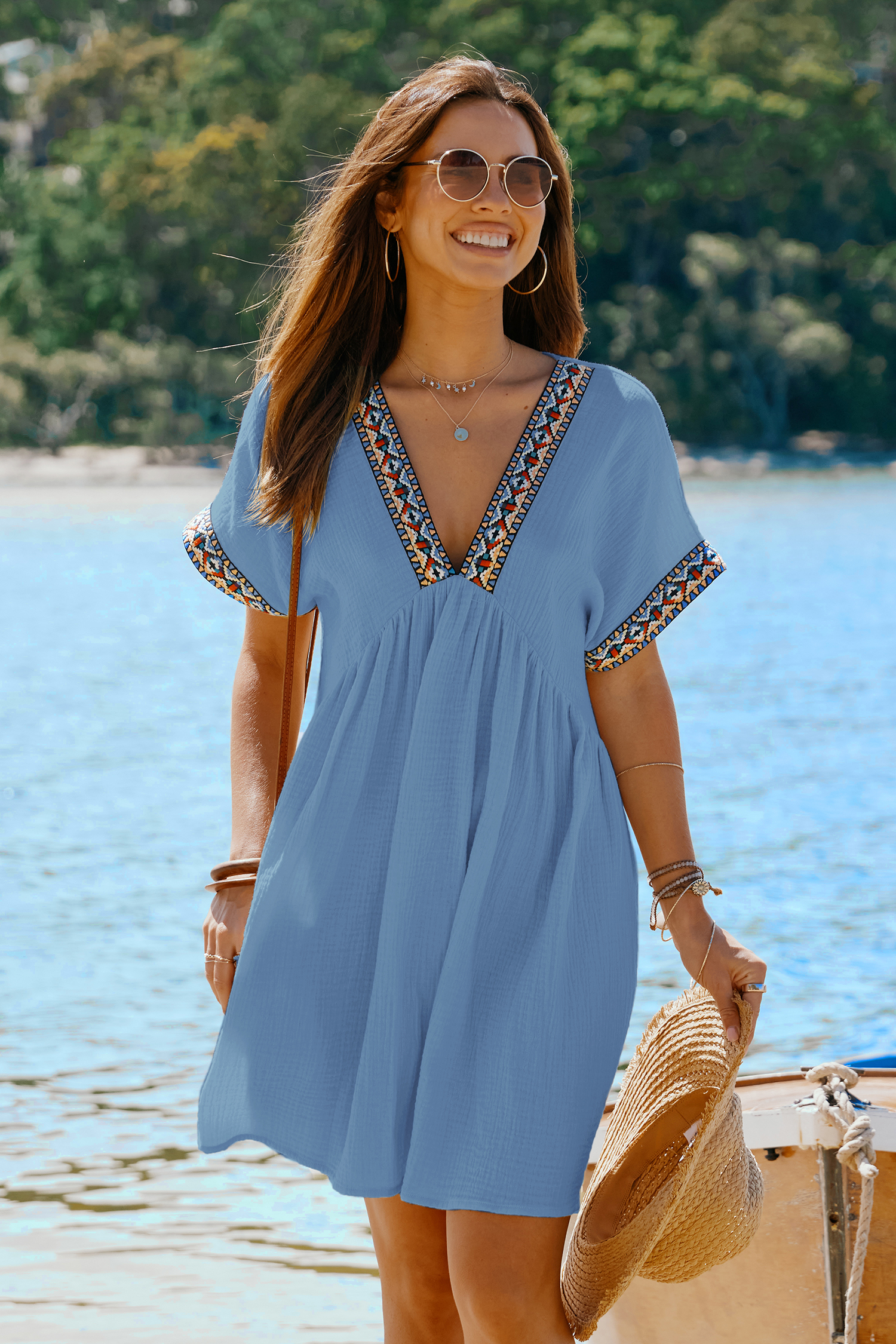 Robe mini en pur coton à col en V et manches courtes boho bleue