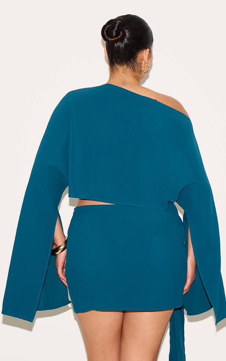 Vert Turquoise Haut Coordonné Grande Taille En Tissu Fluide À Encolure Dégagée Et Manches Longues