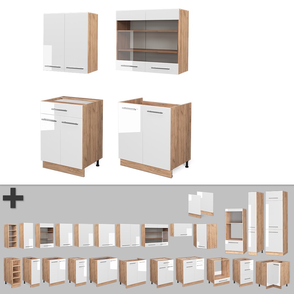 Vicco Küchenzeile Küchenblock Einbauküche Fame-Line Single Eiche Weiß 140 cm modern Küchen Schränke Spülenunterschrank Schubunterschrank Hängeschrank Hängeglasschrank Hochglanz
