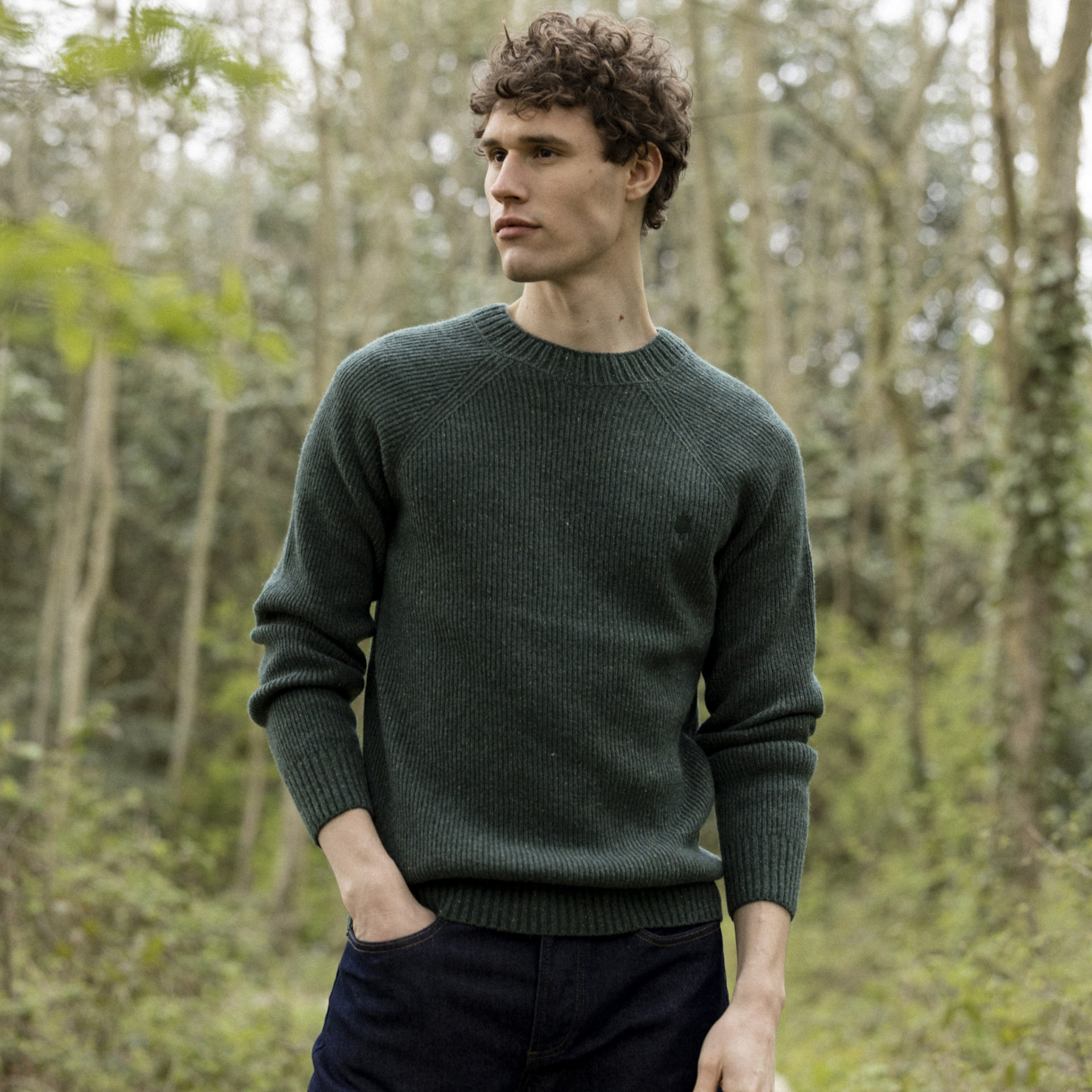 Pull col rond vert laine et coton recyclé - modèle Frehel