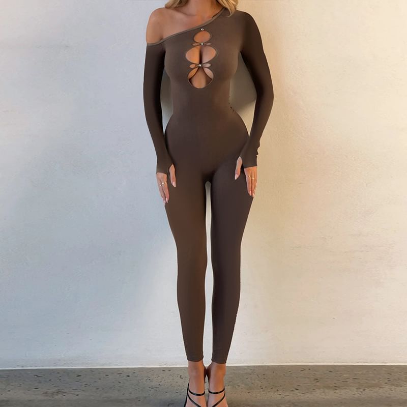 Femme Cradle - Skinny jumpsuit met lange mouwen en één schouder, effen uitgesneden
