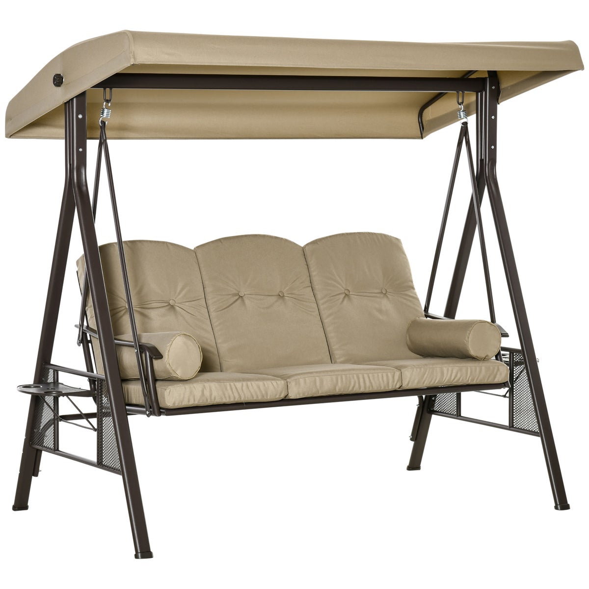 Outsunny Hollywood Swing, 3-zits tuinschommel met parasol en kussens, 116 x 206 x 183 cm, metaal, polyester, kaki