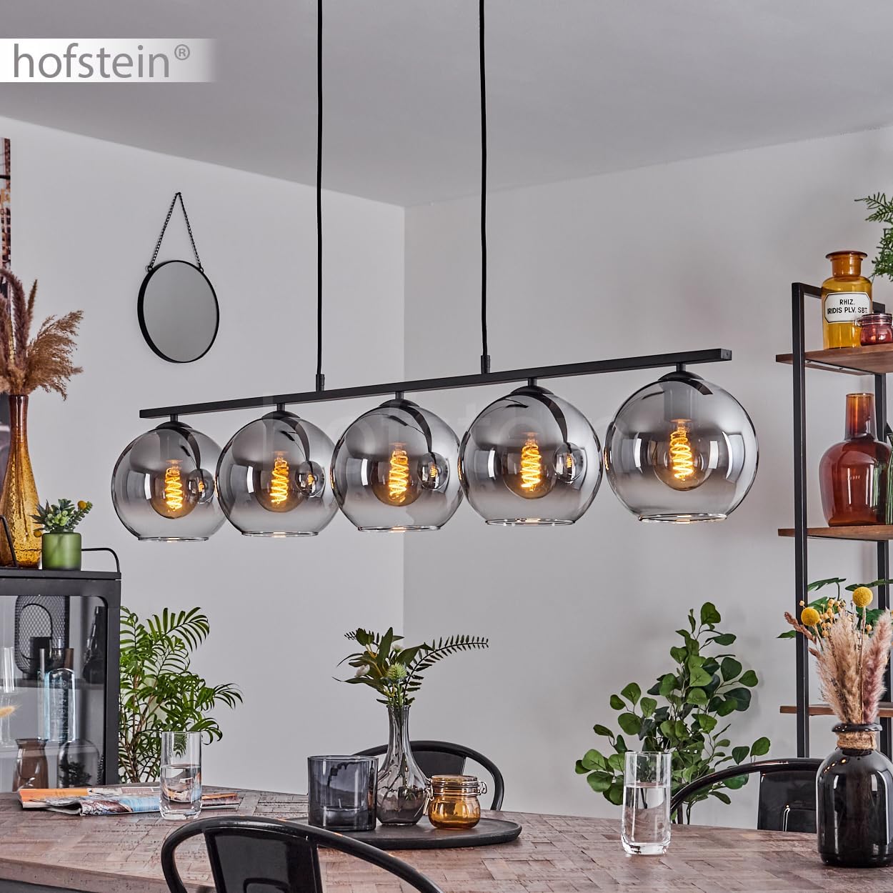 Pendelleuchte Koyoto, Hängelampe aus Metall/Glas in Schwarz/Rauchfarben/Klar, Hängeleuchte im Retro/Vintage-Design mit Glasschirmen (Ø 20 cm), 5-flammig, Höhe max. 116,5 cm, 5 x E27, ohne Leuchtmittel