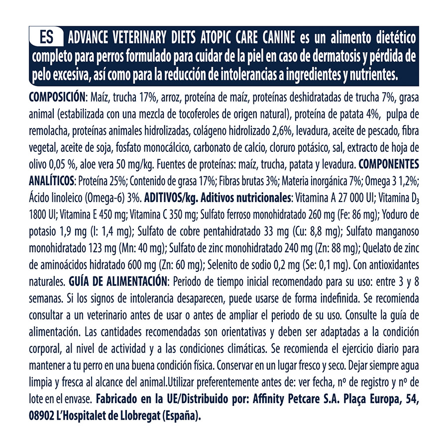 3 kg de ração para cães Advance Veterinary Diets Atopic Medium Maxi com sabor de truta.