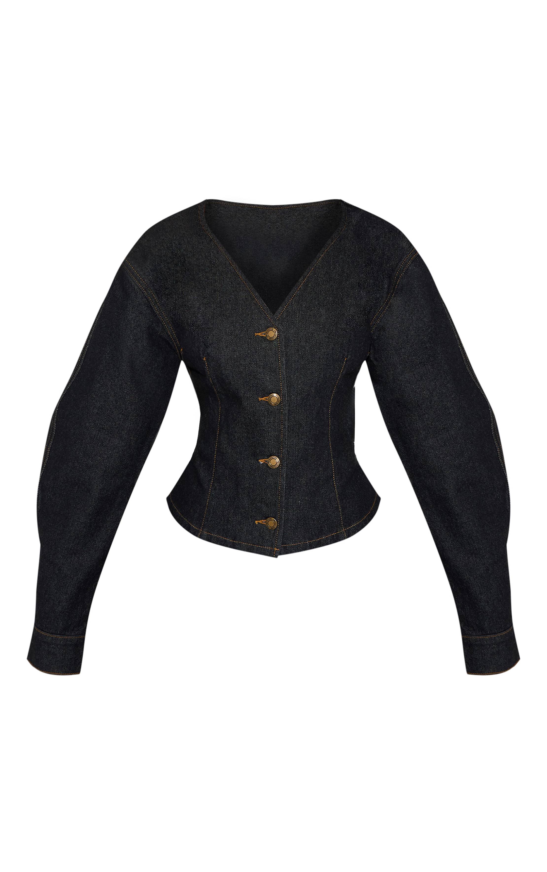 Bleu Indigo Foncé Veste En Jean Petite À Manches Cocon Et Boutons Dorés