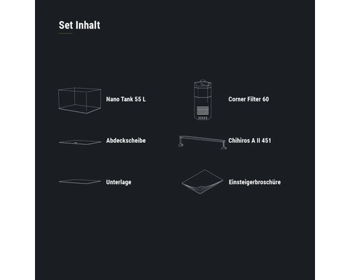 DENNERLE Nano Tank Plant Pro 55 L aquarium, Chihiros A II 451 LED verlichting inclusief binnenfilter, afdekglas, veiligheidsmat en beginnersbrochure.