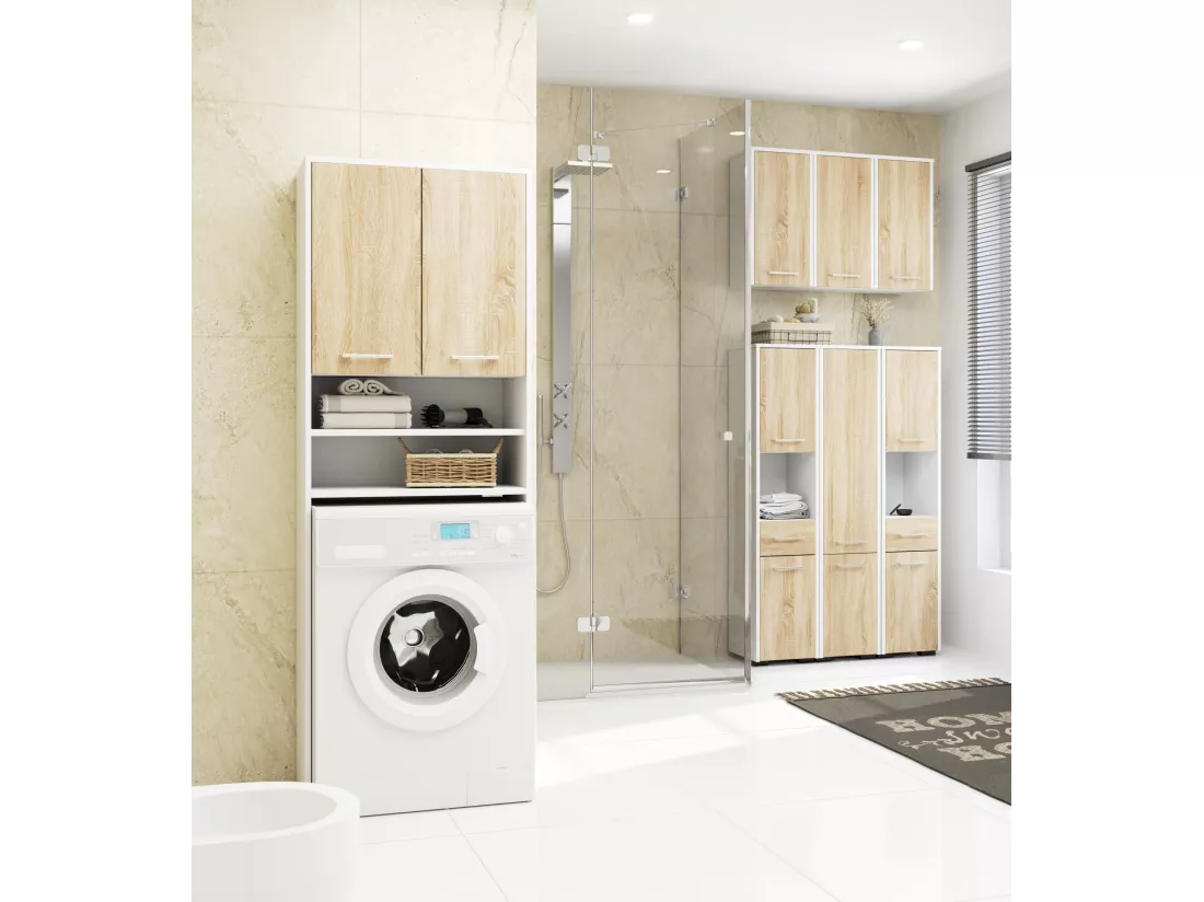 Meuble pour machine à laver FIN Blanche 64 cm 2 portes façade Chêne Sonoma niche 4 étagères 64x30x180 cm