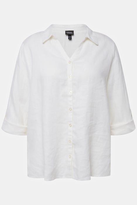 Bluse, Leinen, offener Kragen, Langarm