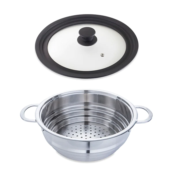 Lot panier vapeur multidiamètre 20, 22, 24 cm et couvercle en verre mu