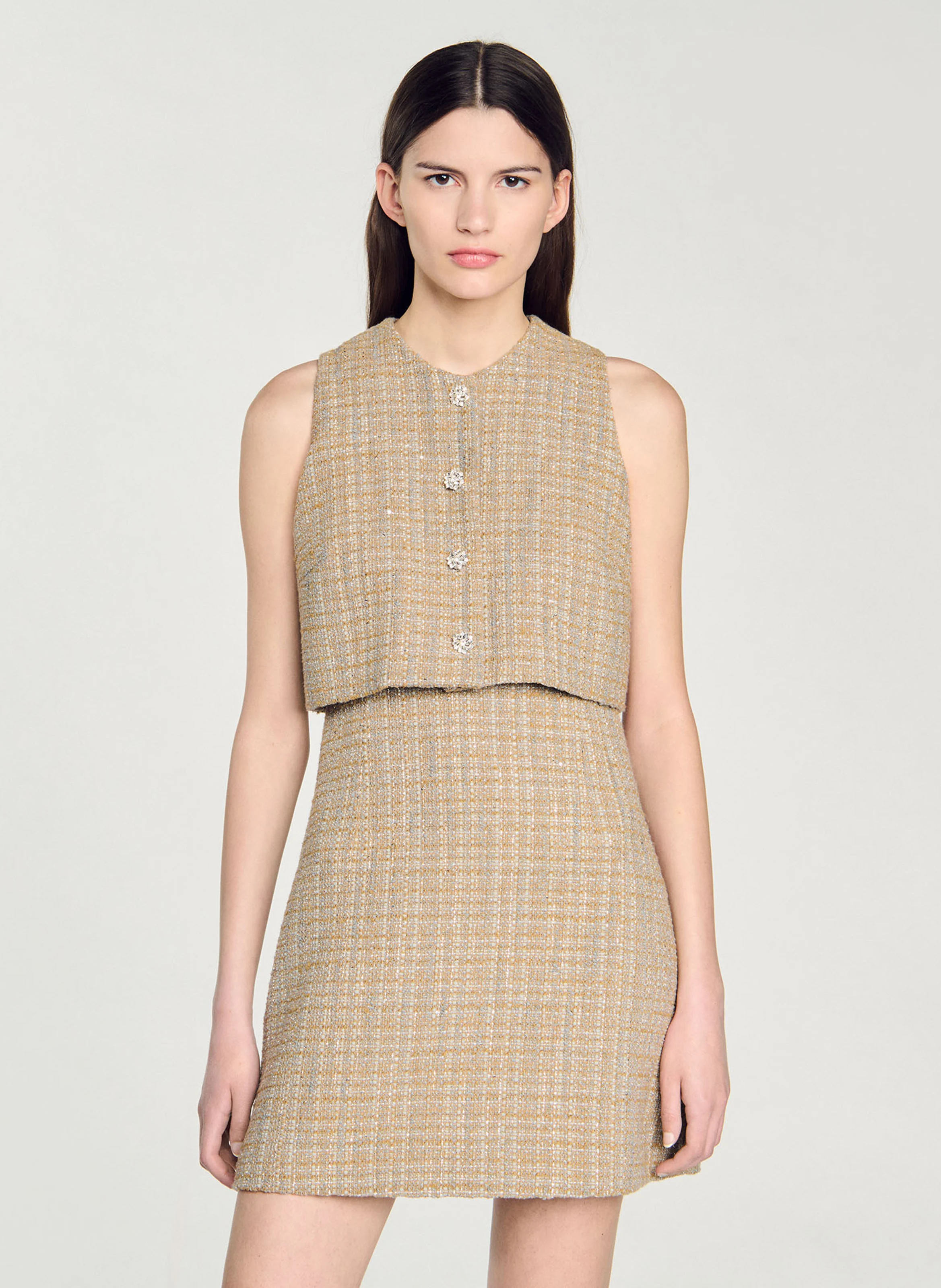 Robe évasée col rond en tweed | Marron