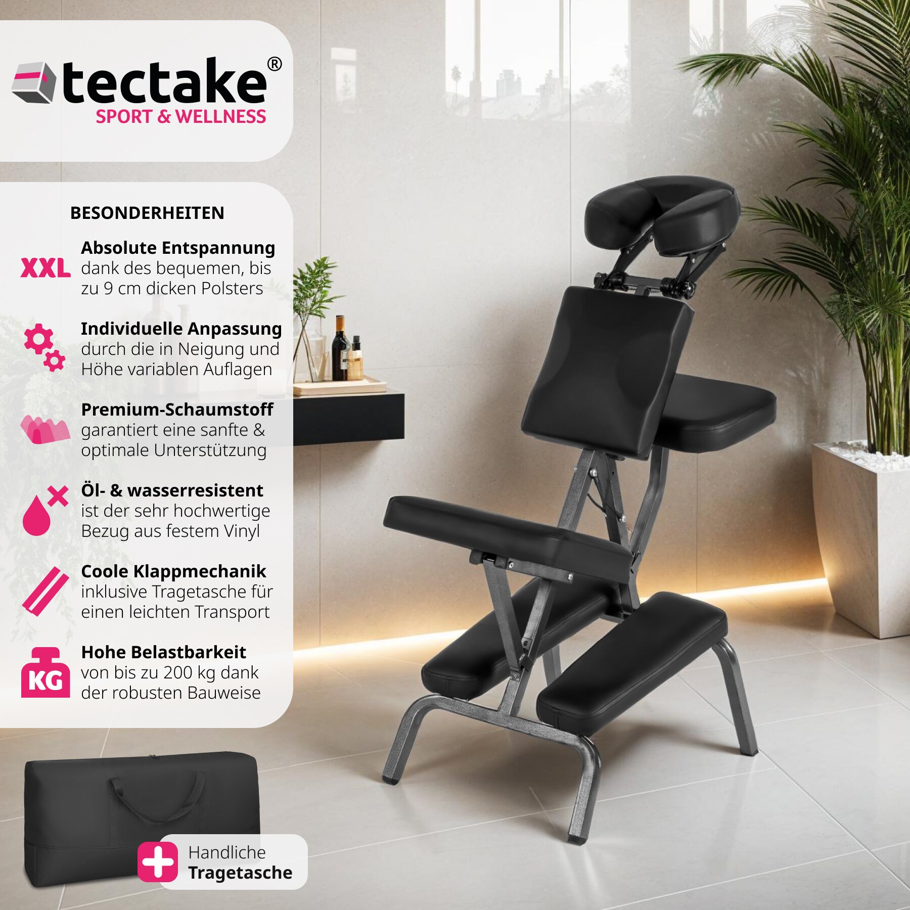 tectake® Massagestuhl, klappbar, gepolsterte Beinablagen, 80 x 50 x 105 cm