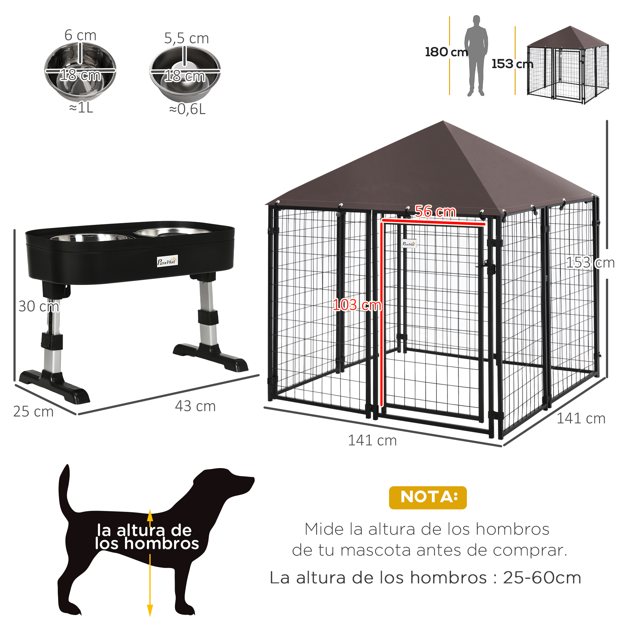 Conjunto para animais de estimação PawHut, canil externo com cobertura e comedouro elevado para cães, 4 alturas ajustáveis para pátio e varanda, 141x141x153 cm, 43x25x30 cm, preto
