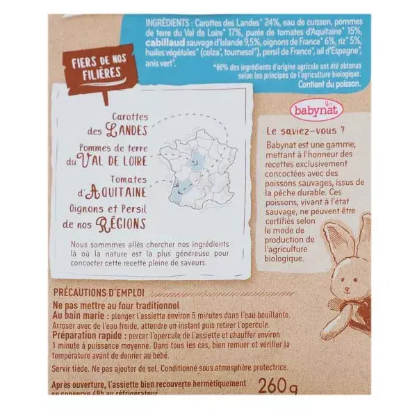 Prato de Almoço Babybio Cenoura Batata Bacalhau +15m Orgânico 260g
