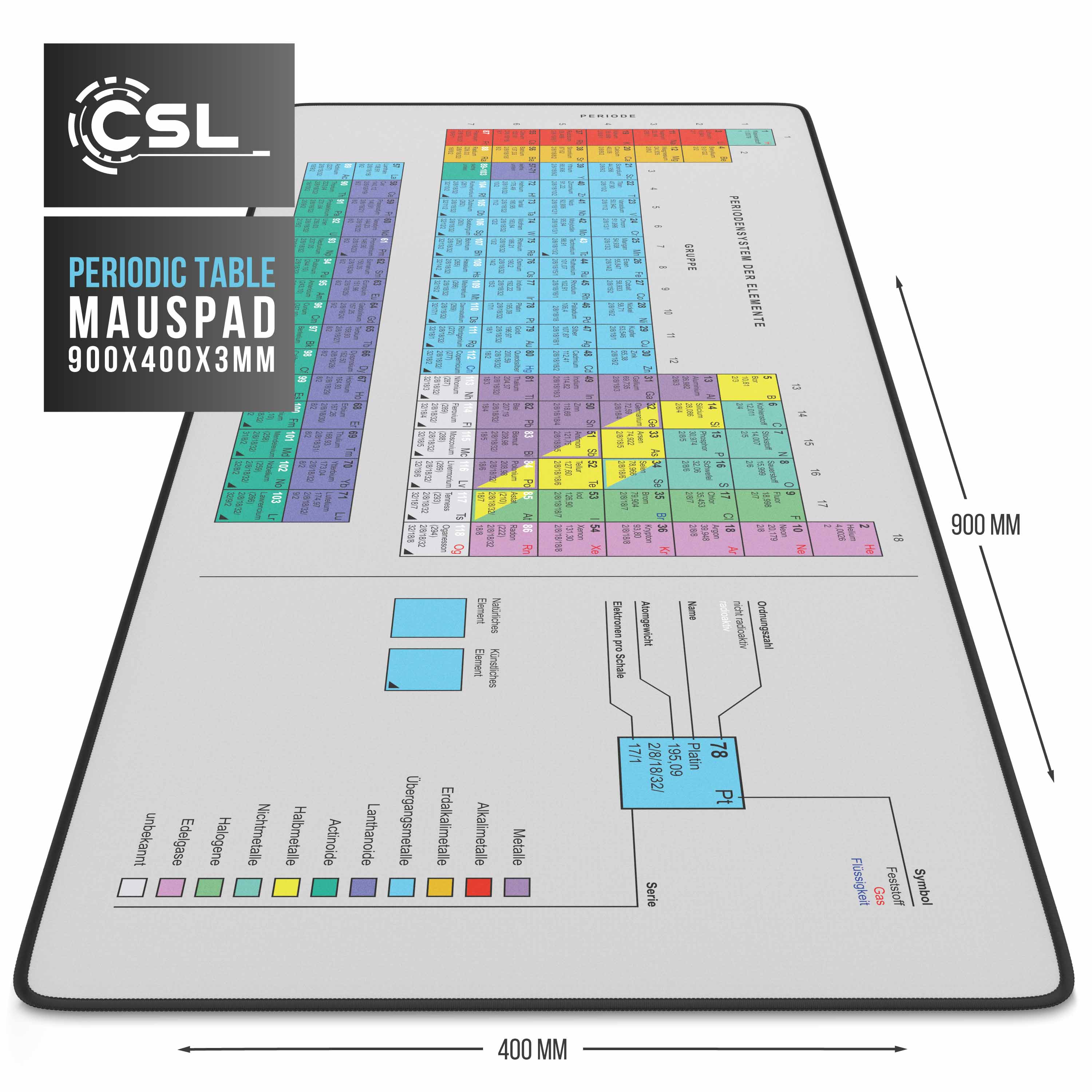 CSL Gaming Mauspad, XXL Schreibtischunterlage 900 x 400mm, Präzision & Geschwindigkeit, Periodensystem