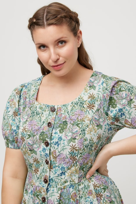Midikleid, Blüten, Leinenmix, Rundhals, Puff-Halbarm