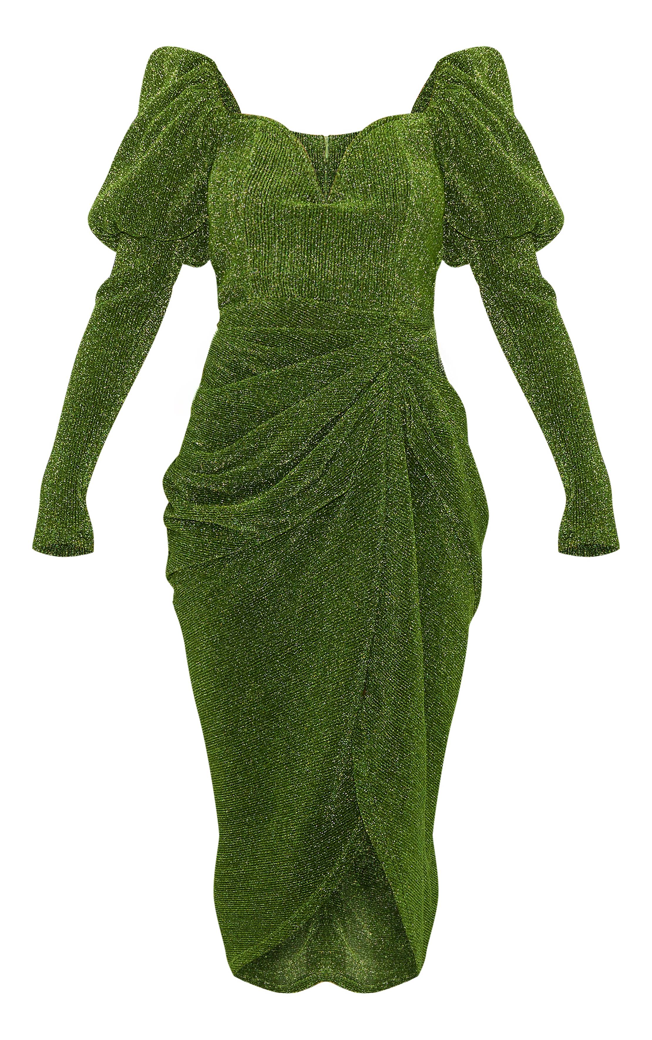 Vert Robe Midi Drapée À Paillettes Plissées Avec Manches Bouffantes Et Encolure En V