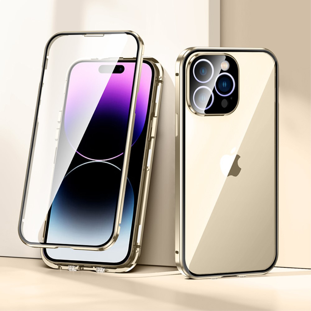 iPhone 14 Pro Magnetische Alu Schutzhülle mit Panzer Glas Backcover   Display- / Kameraglasschutz (Magnet-Technologie) - Gold