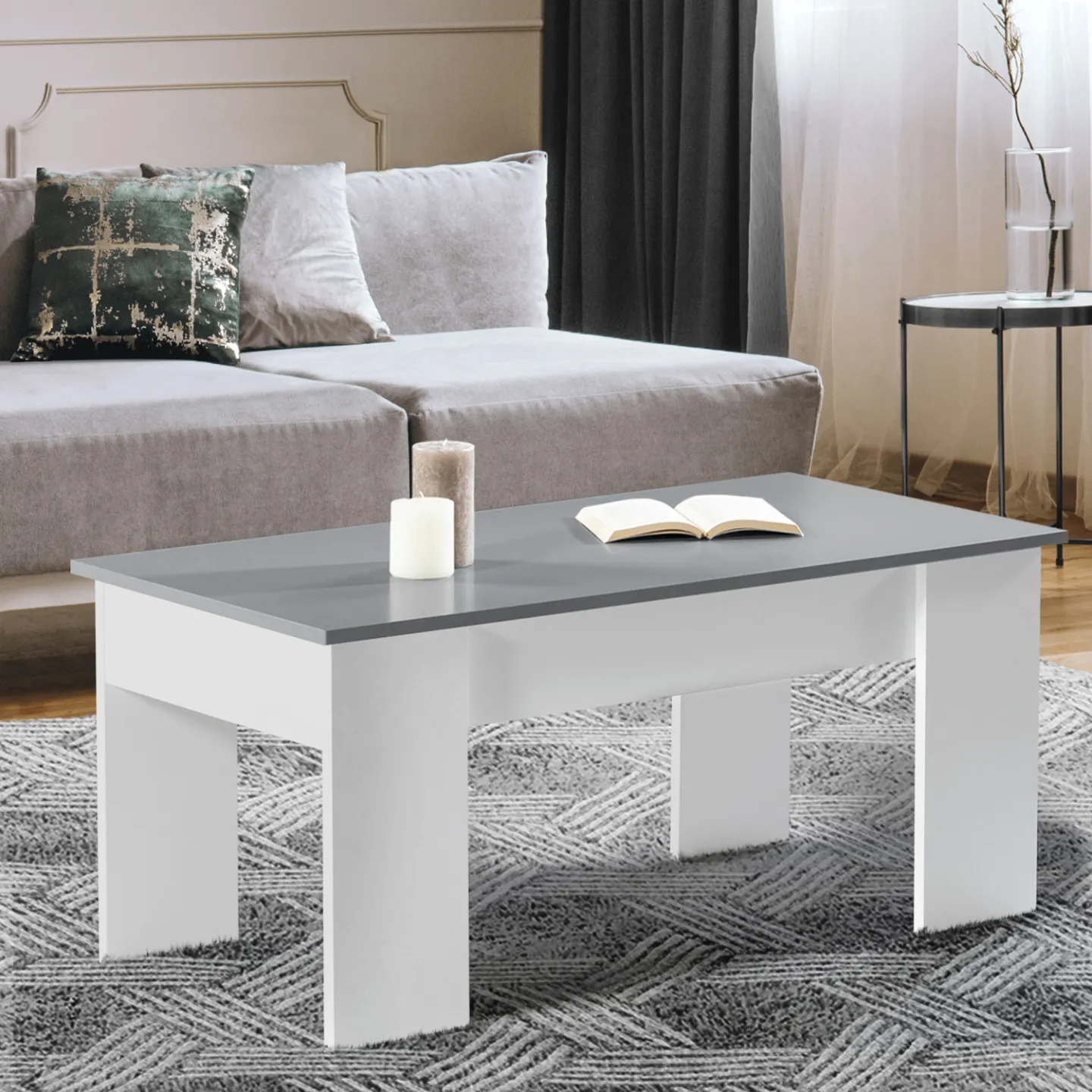 Table basse plateau relevable rectangulaire TARA bois blanc et gris