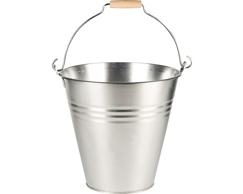 Zinken emmer met houten handvat Ø 29,5 H 30 cm zilver